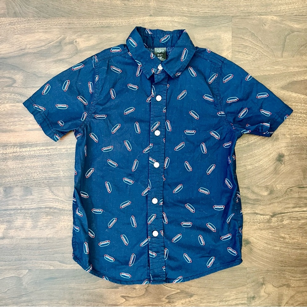 City Strats Navy Blue Button Short Sleeve Shirt W/Hot Dog Print Boy’s Sz XS 6-7